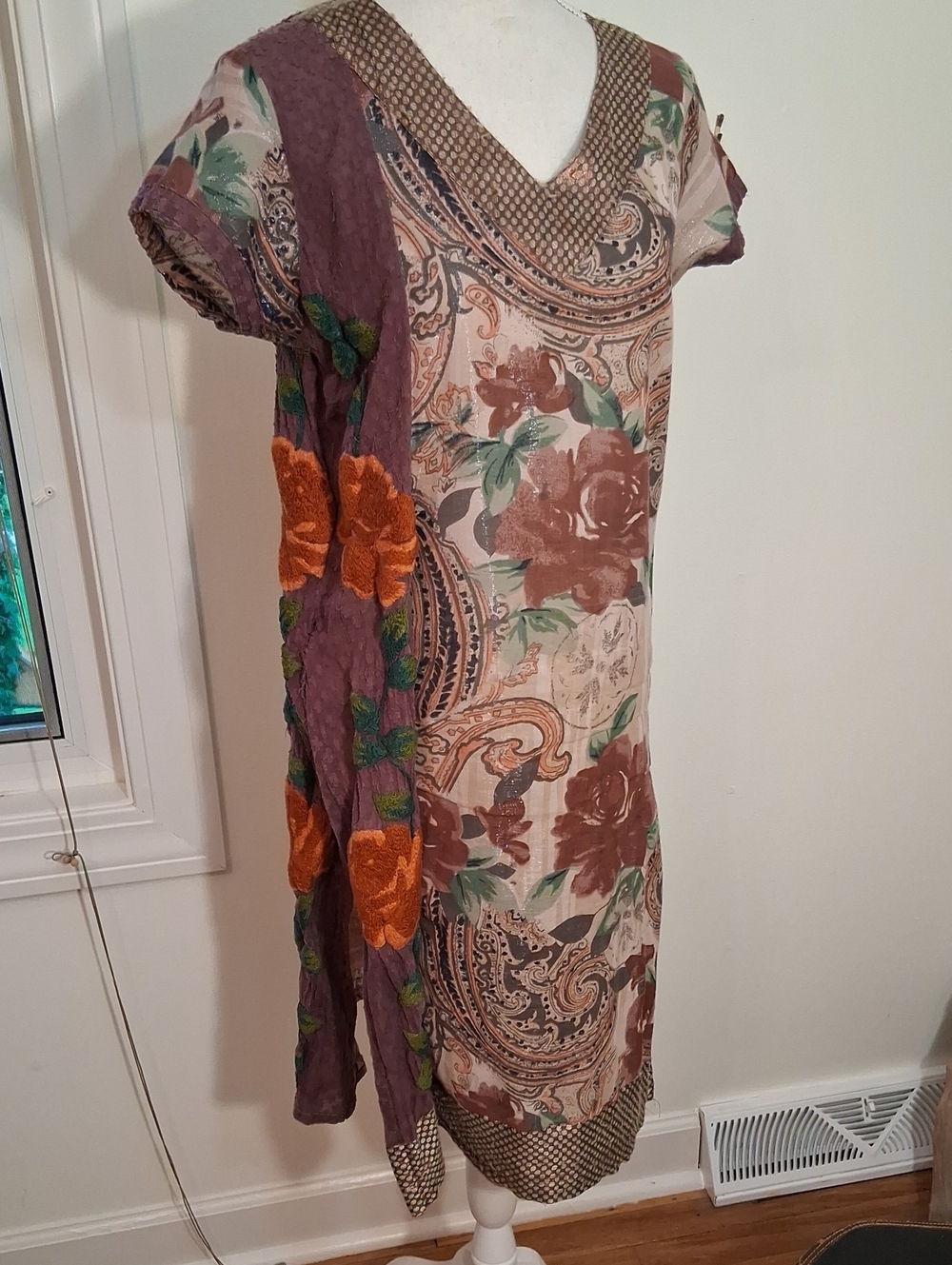 Boho Floral Patchwork V-Neck Cover-up Tunic Dress in Mauve and Orange